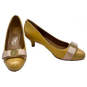 Salvatore Ferragamo Tan/Beige Patent Leather Bow Accent Kitten Heels Sz 36